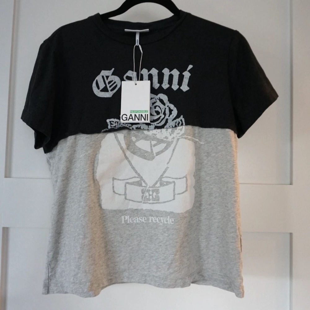 Ganni ReCut Jersey Printed Graphic Logo T-Shirt Gray Small NWT